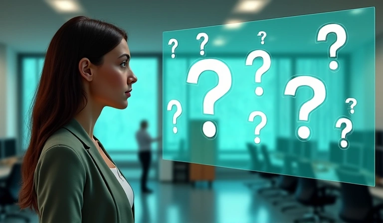 A person looking thoughtfully at a screen with question marks floating around, representing FAQs