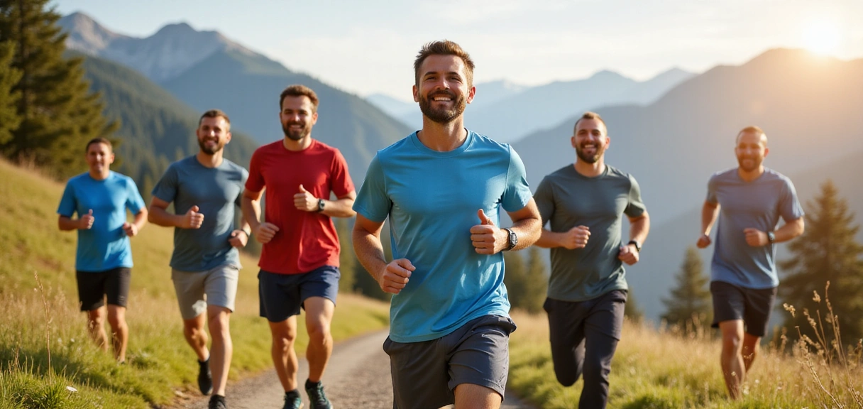 A diverse group of men engaged in various healthy activities like running, hiking, and yoga, symbolizing vitality and well-being.
