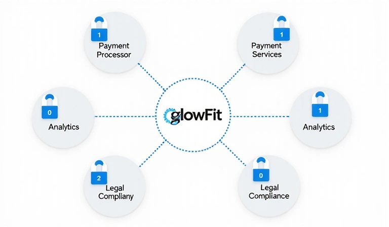 Diagram showing secure data flow from GlowFit to trusted third-party services with encryption